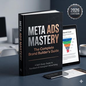 Pode incluir: Um livro preto intitulado "META ADS MASTERY" com letras prateadas e acobreadas, "The Complete Brand Builder's Guide" está abaixo do título. Um tablet exibe um diagrama de funil de marketing. Um selo prateado "2026 EDITION" está no canto superior direito.