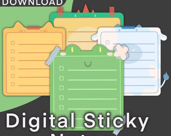 Puede incluir: Tres notas adhesivas digitales con diseños de animales lindos. Las notas son amarillas, verdes y azules con papel rayado y espacio para escribir. Las notas están etiquetadas como "Notas adhesivas digitales".