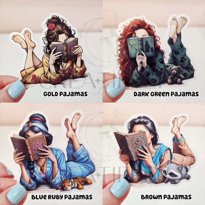 May include: Four stickers featuring illustrations of people in pajamas reading books. The stickers are labeled "GOLD PAJAMAS", "DARK GREEN PAJAMAS", "BLUE RUBY PAJAMAS", and "BROWN PAJAMAS". Each illustration depicts a person lying down, reading a book, and wearing pajamas.