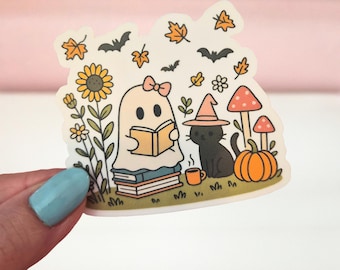 Reading Ghost Vinyl Sticker, Cute Halloween Book Stack Decal for Kindle, Vintage Pastel Ghost Black Cat Laptop Sticker, Fall Book Gift