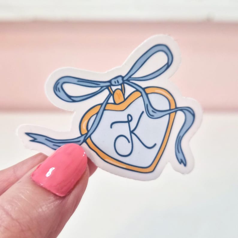 Personalized Coquette Bow Locket Monogram Kindle Sticker, Custom Letter Bookish Sticker, Cute Ereader Sticker, Waterproof - FAST SHIP Blue