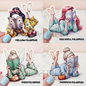 May include: Four stickers featuring illustrations of characters in pajamas reading books. The stickers include the text "YELLOW PAJAMAS", "SEA SHELL PAJAMAS", "PIXIE PAJAMAS", and "PUMPKIN PAJAMAS". Each sticker has a different color scheme and design.