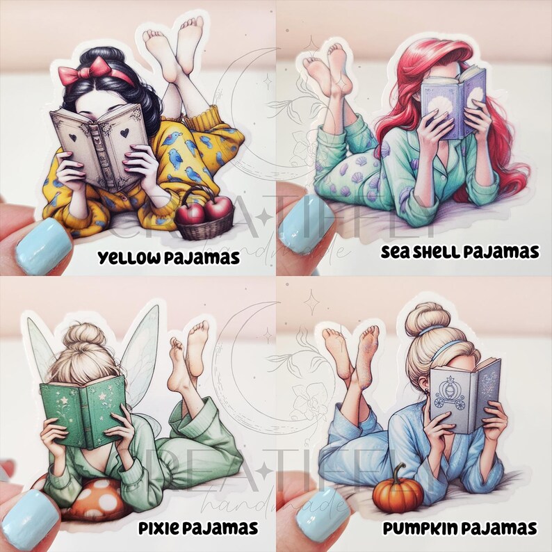 May include: Four stickers featuring illustrations of characters in pajamas reading books. The stickers include the text "YELLOW PAJAMAS", "SEA SHELL PAJAMAS", "PIXIE PAJAMAS", and "PUMPKIN PAJAMAS". Each sticker has a different color scheme and design.