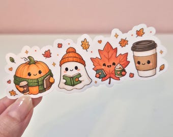 Cozy Autumn Reading Vinyl Sticker, Cute Ghost Pumpkin Decal for Kindle, Kawaii Coffee Maple Leaf Laptop Sticker, Whimsical Bookish Gift