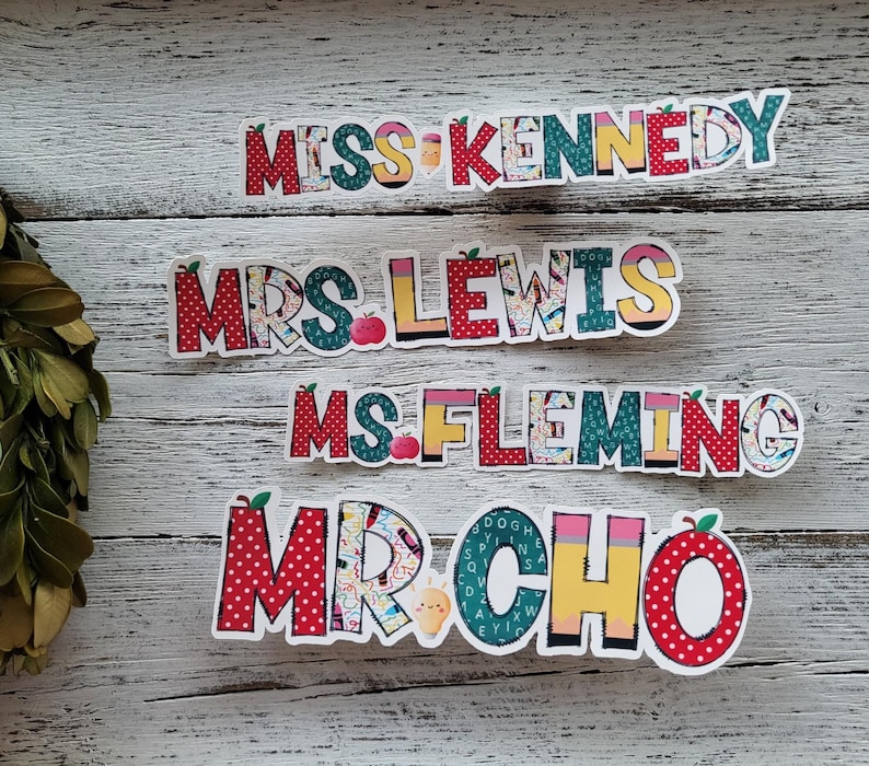 Teacher Stickers with Personalized Name. Pencils, Apples, and Doodle drawings.