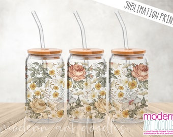 Sublimation Print - Antique Colorful Wildflowers - Libbey Glass 12oz, 16oz, 20oz Print - Ready to Ship!