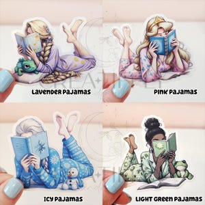 May include: Four stickers featuring illustrations of women in pajamas reading books. The stickers are labeled "Lavender Pajamas," "Pink Pajamas," "Icy Pajamas," and "Light Green Pajamas." Each sticker has a different color scheme and design, with accompanying accessories.