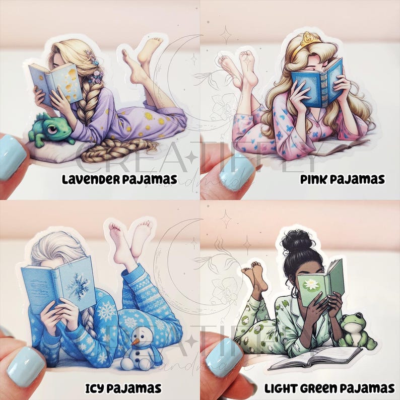 May include: Four stickers featuring illustrations of women in pajamas reading books. The stickers are labeled "Lavender Pajamas," "Pink Pajamas," "Icy Pajamas," and "Light Green Pajamas." Each sticker has a different color scheme and design, with accompanying accessories.