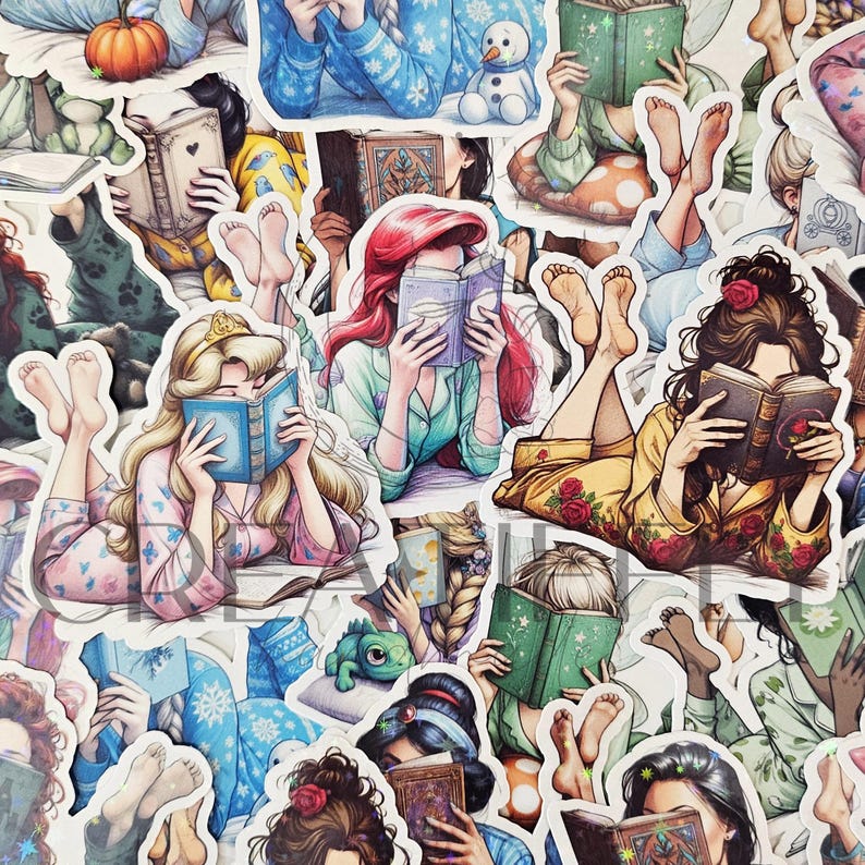 May include: A collection of stickers featuring illustrations of various characters reading books while lounging in pajamas. The stickers showcase a variety of colors and patterns, with a focus on comfort and leisure. The characters are depicted in a relaxed setting.