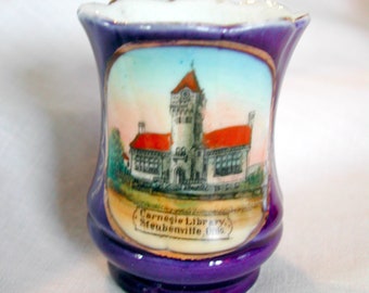 Carnegie Library, Steubenville Ohio, Cobalt Souvenir Vase
