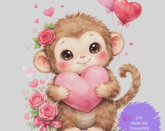 Transferencia termoadhesiva de mono de San Valentín / Bebé mono sosteniendo un corazón / Diseño de camiseta infantil de San Valentín / Gráfico de rosas y corazones rosas / Transferencia termoadhesiva