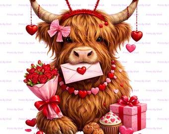 Vaca de las Tierras Altas para San Valentín / Vaca adorable con corazones y rosas / Diseño de sublimación para San Valentín / Fondo transparente de 300 ppp