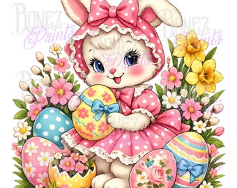 Lindo conejito de Pascua PNG, conejita rosa de Pascua, huevo de Pascua floral PNG, diseño de sublimación de primavera, camiseta de Pascua imprimible PNG