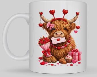 Taza de San Valentín con diseño de vaca de las Tierras Altas (325 ml), taza adorable con estampado de vacas, impresión a doble cara, regalo romántico para ella, taza de café para el Día de San Valentín, regalo para amantes de las vacas.