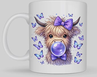 Taza con diseño de vaca de las Tierras Altas, lazo morado y mariposas, taza de café Kawaii de 325 ml, regalo para amantes de los animales de granja, taza estética y adorable, regalo para amantes de las vacas.