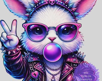 Transferencia Punk Bunny DTF / Conejo Kawaii Gótico Termoplancha / Gráfico de Conejo Neón Chicle / Diseño de Camiseta Pastel Atrevido / Transferencia para Ropa DIY