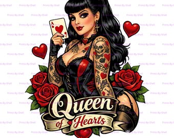 Reina de Corazones PNG / Diseño de naipe gótico pin-up / Fondo transparente de 300 DPI / Transferencia por sublimación de descarga digital