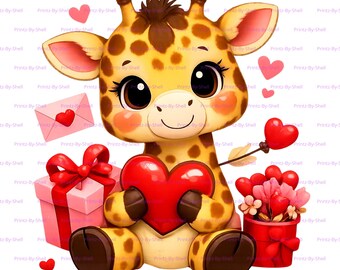 Jirafa linda de San Valentín PNG / Clipart de jirafa amorosa kawaii / Ilustración de animal de corazón / Fondo transparente / Descarga digital de 300 DPI