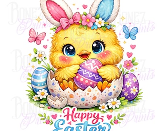Lindo pollito de Pascua PNG, orejas de conejo, diseño de sublimación de Feliz Pascua, diseño de camiseta de Pascua, descarga PNG de primavera