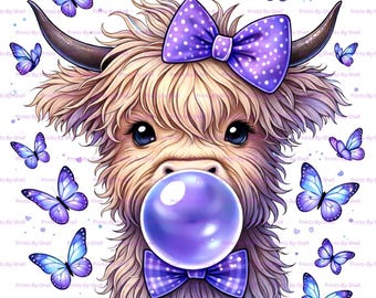 Bonita vaca de las Tierras Altas con lazo morado y mariposas PNG / Clipart de vaca caprichosa / Fondo transparente de 300 DPI / Diseño de sublimación
