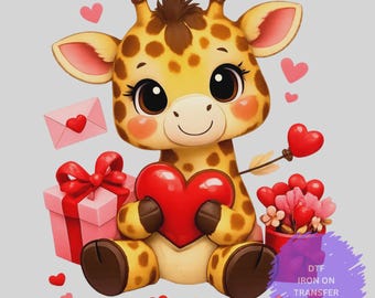 Transferencia termoadhesiva de jirafa de San Valentín / Jirafa bebé sosteniendo un corazón / Diseño de camiseta infantil de San Valentín / Gráfico de caja de regalo de amor / Transferencia termoadhesiva