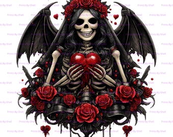 Ángel esqueleto alado con corazón de rosa gótico PNG / Arte de calavera de San Valentín oscuro / Fondo transparente de 300 DPI / Descarga digital