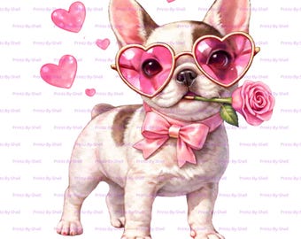 Bulldog Francés de San Valentín PNG – Lindo perro con gafas de corazón – Fondo transparente – Descarga digital