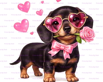 Cachorro salchicha de San Valentín PNG / Perro lindo con gafas de corazón / Clipart de perro amoroso / Descarga digital PNG de San Valentín