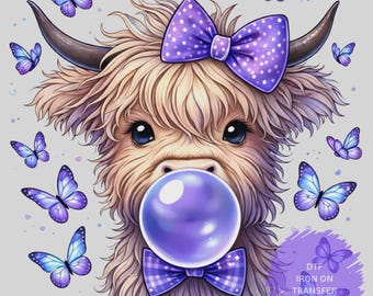 Transferencia termoadhesiva de vaca de las Tierras Altas / Estampado termoadhesivo / Gráfico de vaca con lazo morado / Diseño de vaca mariposa / Transferencia para camisetas de animales de granja / Ropa DIY