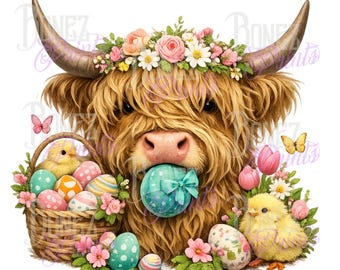 Vaca de las Tierras Altas de Pascua PNG, Vaca de primavera con huevos y pollitos de Pascua, Diseño de sublimación de vaca con corona floral, Animal de granja PNG, Fondo transparente