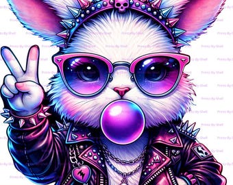 Conejito punk PNG, arte gótico, descarga digital, 300 DPI, fondo transparente, diseño de sublimación