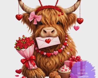 Transferencia termoadhesiva de vaca de las Tierras Altas de San Valentín / Gráfico de regalo de rosas y corazones / Transferencia termoadhesiva