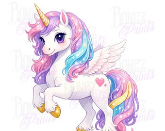 Unicornio pastel PNG clipart, lindo diseño de sublimación de unicornio kawaii, descarga digital de unicornio arcoíris, diseño de camiseta para niños, pegatina PNG, 300 dpi