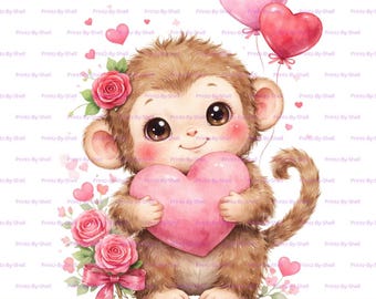 Lindo mono bebé de San Valentín / Mono de acuarela con corazón / Fondo transparente PNG / Arte de pared para guardería de amor / Descarga digital