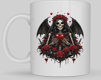 Taza gótica de esqueleto para San Valentín de 325 ml, taza de café con calavera de amor oscuro, taza gótica con corazón de rosa, impresión a doble cara, regalo alternativo para San Valentín