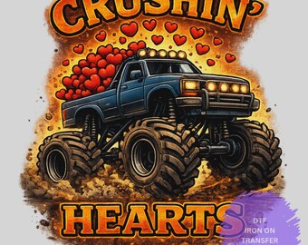 Transferencia termoadhesiva Crushin Hearts Monster Truck / Diseño de camión de San Valentín / Camiseta de San Valentín para niños / Gráfico de camión todoterreno / Transferencia termoadhesiva