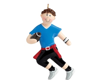Football Ornament 2026, Personalized Flag Football Boy in Blue Shirt and Red Flag Belt Running with Ball, Name, Team Gift, Stocking Stuffer
