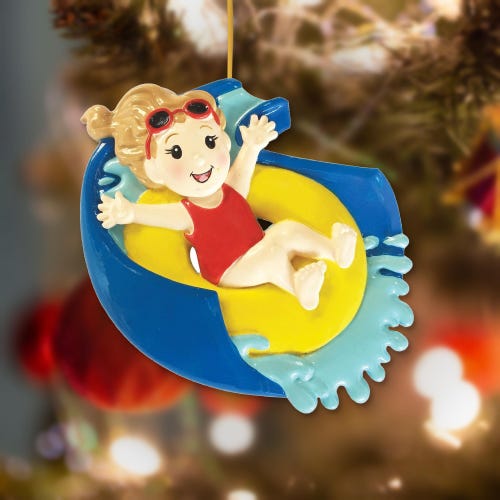 Water Slide Ornament 2026, Girl in Red Swimsuit on Yellow Tube Down Blue Slide Personalized Name Ornament, Kids Gift, Summer Keepsake