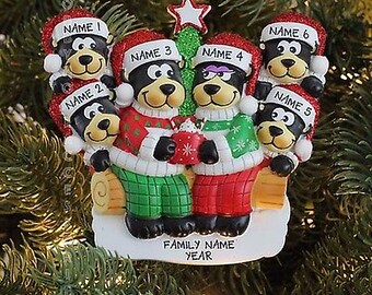 Black bear with hot chocolate family of 6 personalized christmas tree ornament