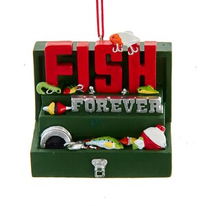 Adorno navideño personalizado para pescador con caja de aparejos de pesca