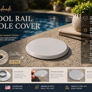 May include: A round, light gray pool rail hole cover with a low-profile design. The product is shown from multiple angles, including a top view, an underside view with a circular insert, and a side view, demonstrating its use for covering pool deck holes.