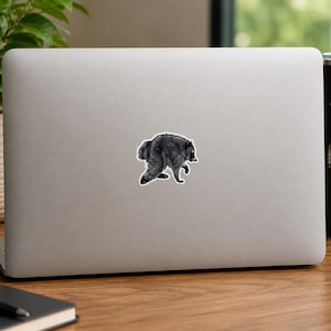 May include: A silver laptop featuring a centered sticker of a black and white raccoon illustration. The raccoon is depicted in a hunched, walking posture with detailed fur texture. The laptop lid is smooth and metallic, providing a neutral backdrop.