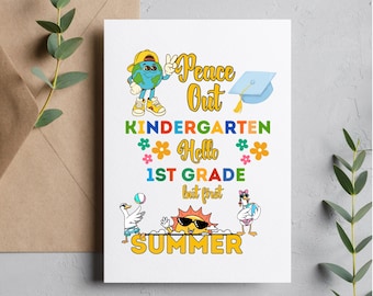 Divertente biglietto di auguri stampabile per la fine dell'asilo, download digitale per la cerimonia di diploma scolastico dei bambini.