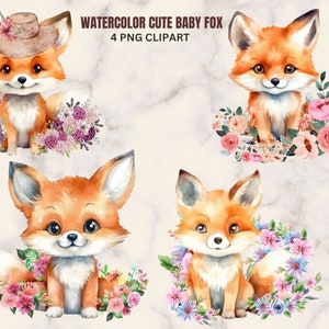 Cute Watercolor Baby Fox with Flowers Clipart, DIY Crafts, Nursery Wall Art, Baby Shower Decor, 4 PNG Digital Download Clipart.