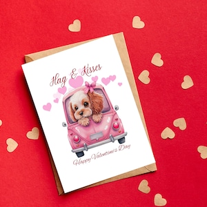 Aquarell entzückender Chibi Spaniel Hund in einem rosa Auto Valentinstag Karte, digitaler Download Karte, Valentine Welpe, pelzigen Valentine.