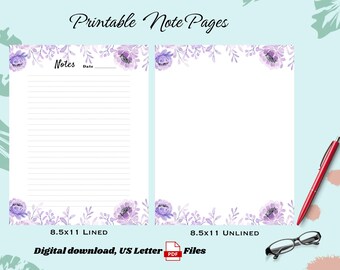 Floral Printable Note Pages Watercolor Writing Paper Lined &amp; - Etsy