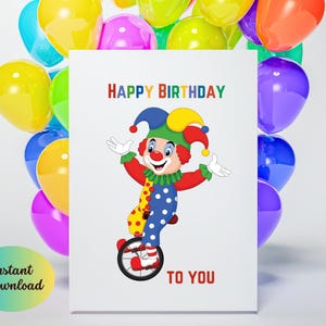 Happy Birthday Card Clown with Balloons, Digital Download, Printable Birthday card, Birthday Card, Clown Birthday Card.