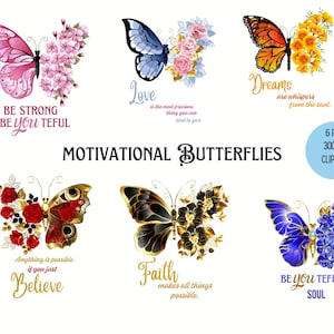 Motywacyjny motyl Clipart, Inspirujące pozytywne cytaty PNG, Pakiet do pobrania cyfrowego, Licencja na użytkowanie komercyjne.