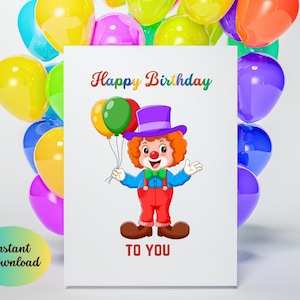 Happy Birthday Card Clown with Balloons, Digital Download, Printable Birthday card, Birthday Card, Clown Birthday Card.