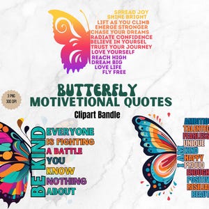 Motiverende vlinder clipart, inspirerend, zelfliefde, geestelijke gezondheid, positieve citaten, digitale downloadbundel, licentie voor commercieel gebruik.